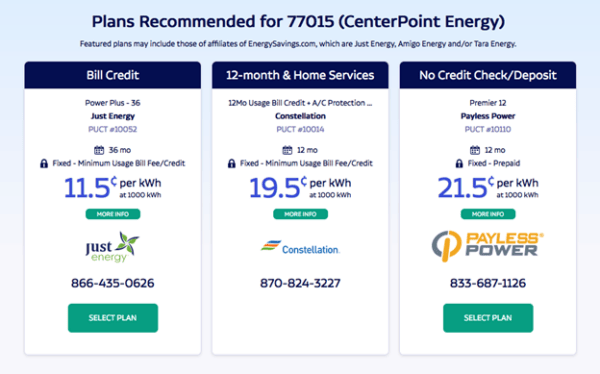 CenterPoint Energy Rates and Plans Screenshot