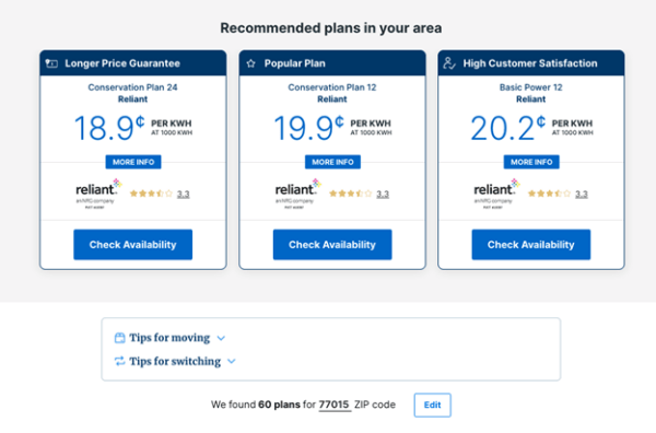 Screenshot of Recommended Plans Rates