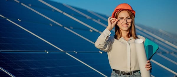 Energy Specialist Smiles as She Stands by Solar Farm
