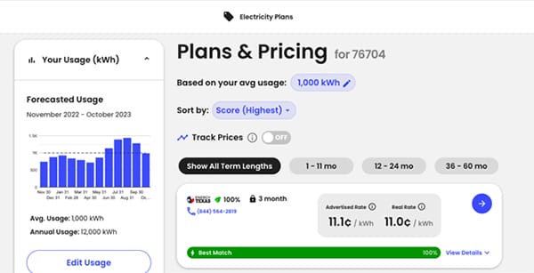 Plans and Pricing | Screenshot Energy Plans Forecasted