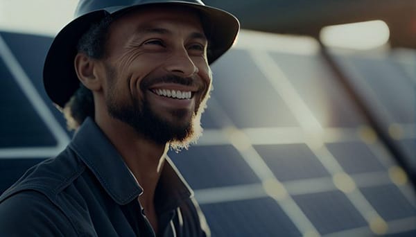 Man Smiles During Install of Solar Energy Panels