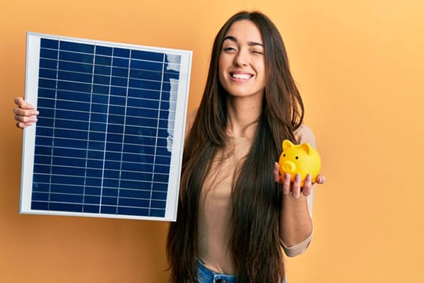 Solar Buyback Lady Hapy with Program Holds up Panels